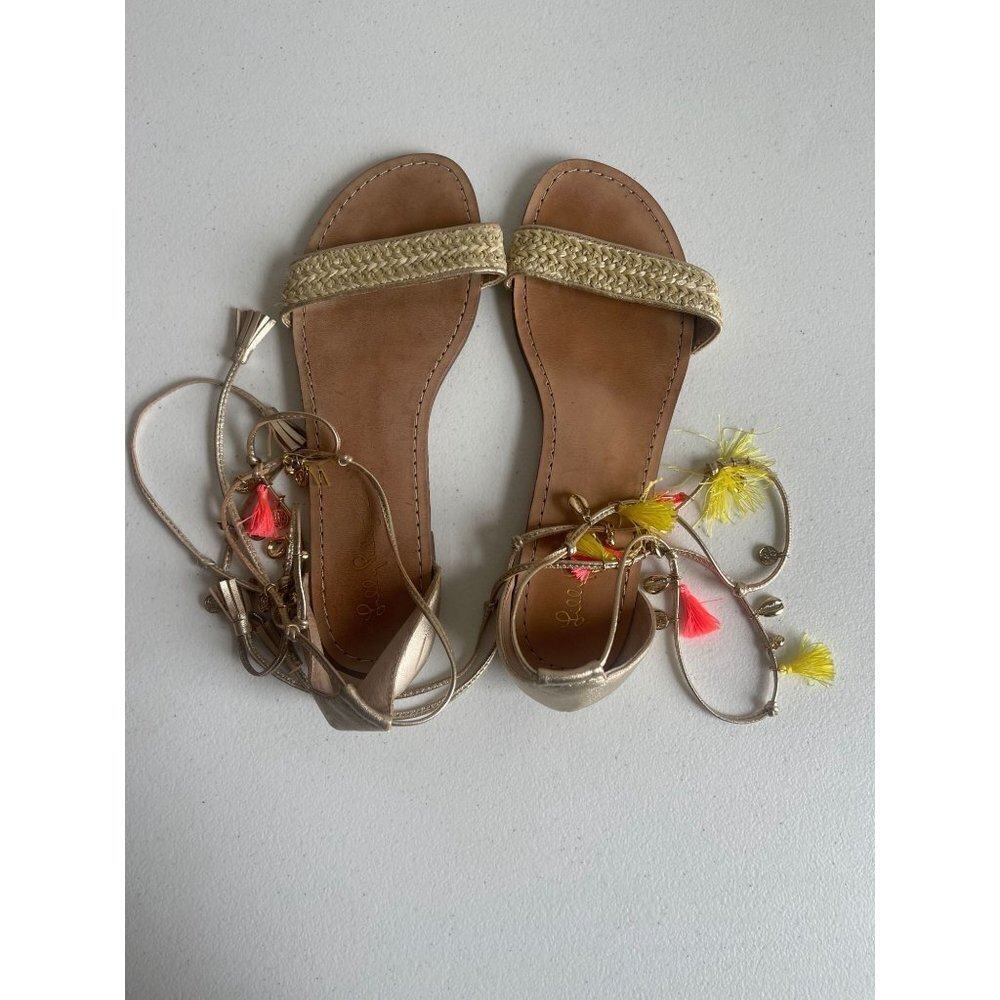 Lily Pulitzer Willa Sandal Ankle Wrap Flat Boho Bohemian Gold Size 9